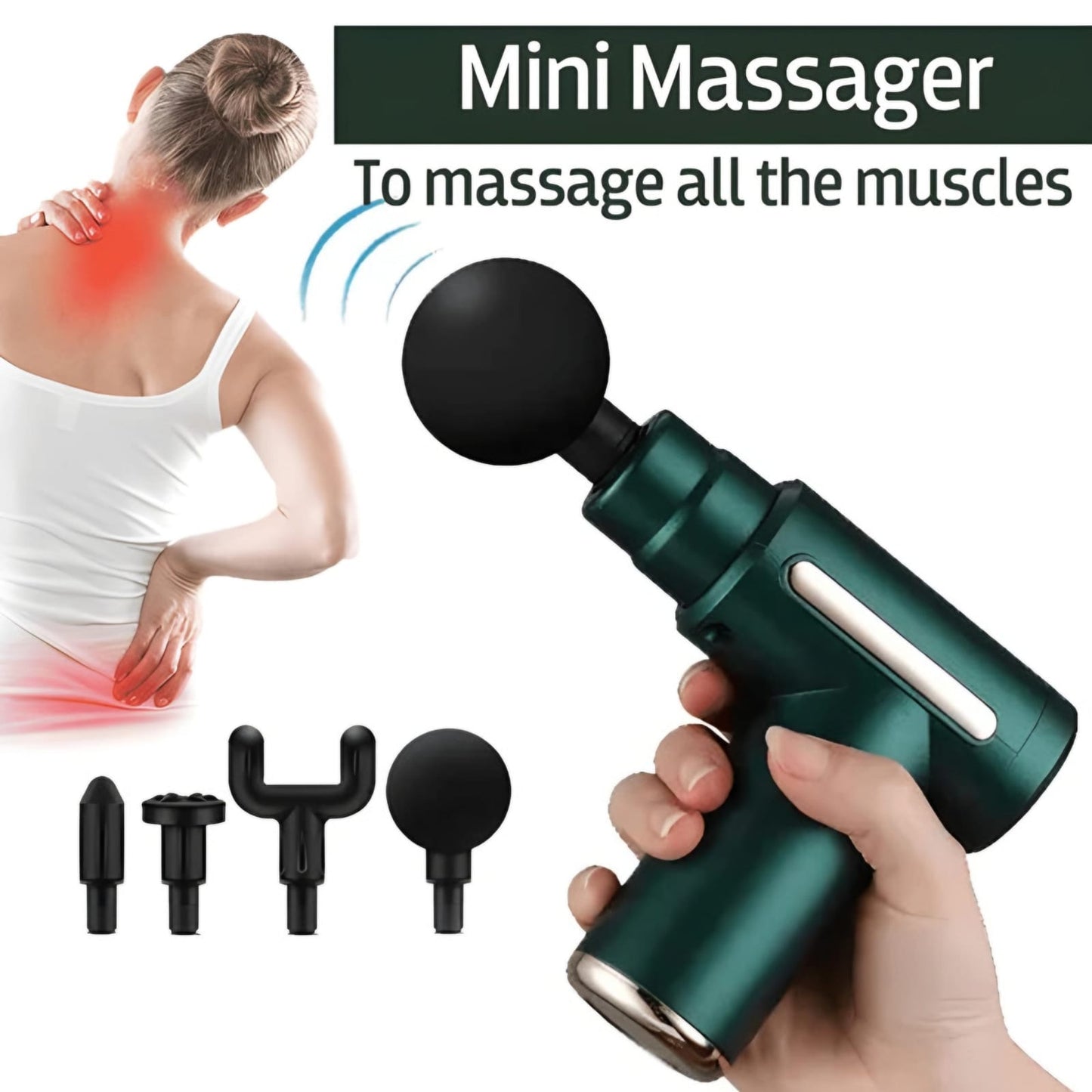 Mini massager with attachments for muscle massage, shown with a person using it on their neck.