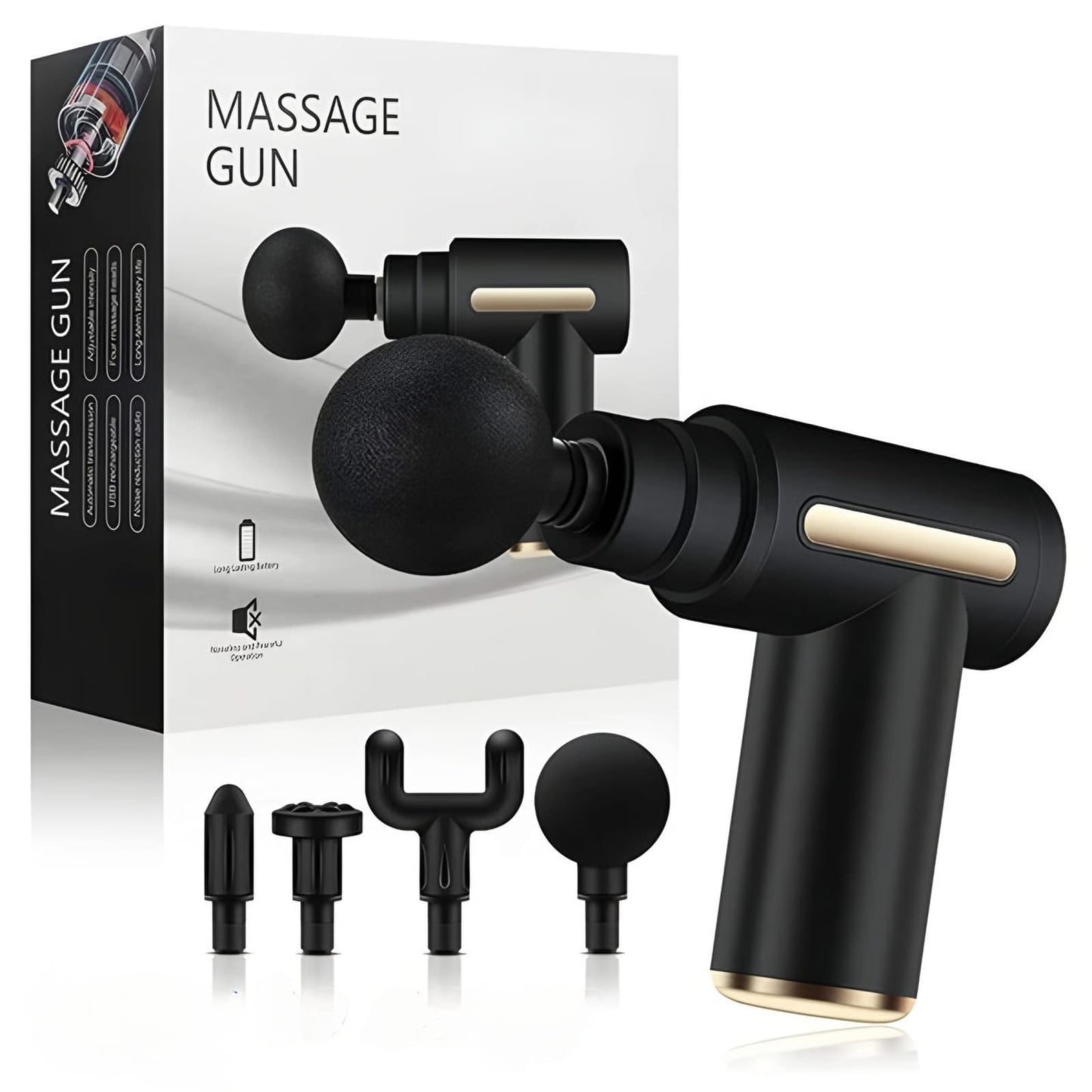 Black massage gun with attachments and packaging on a white background