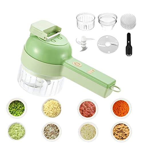 Green manual food chopper with attachments and sample food items on a white background
