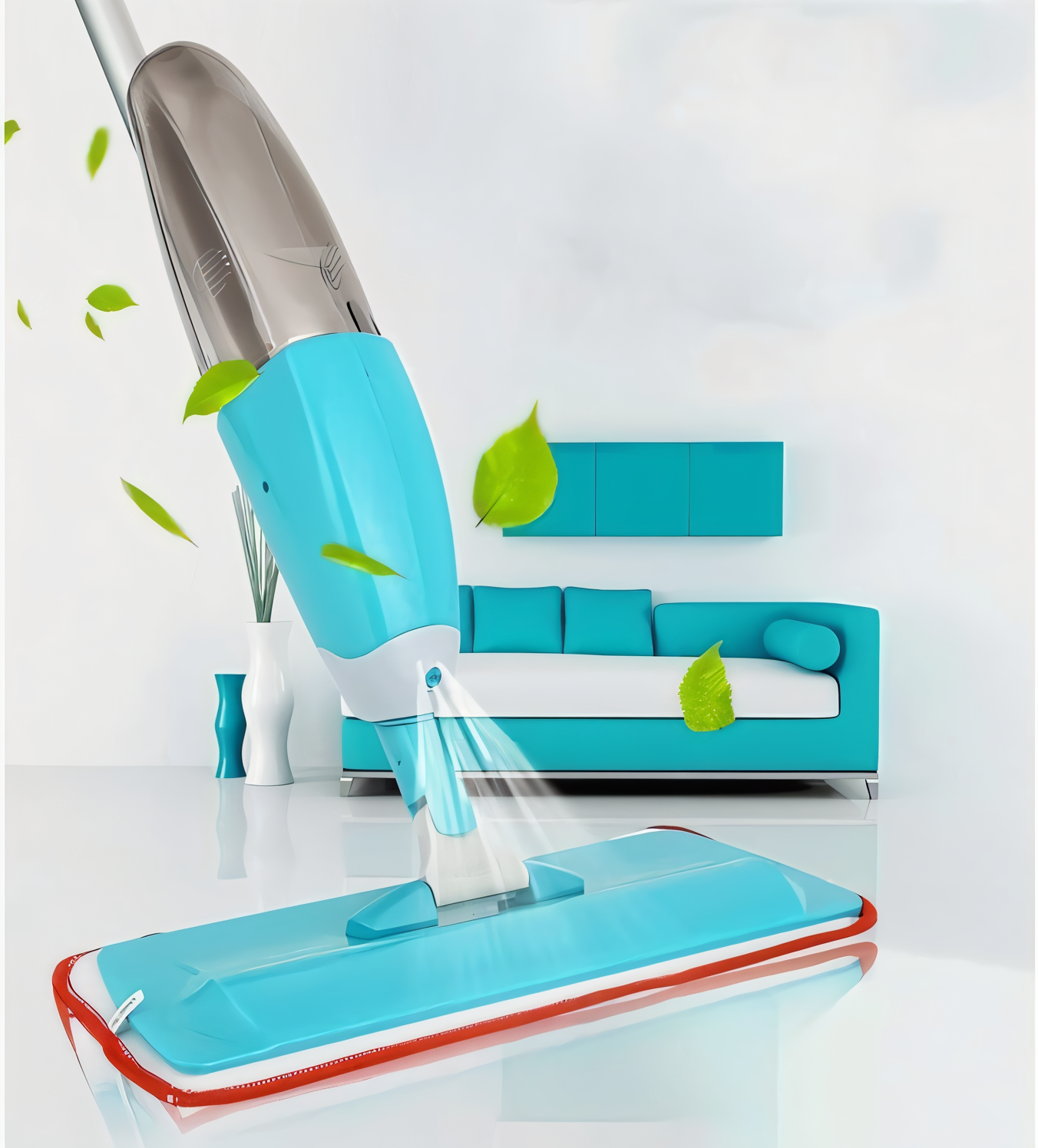 Cleaning tool with a blue handle and red base, set against a white background with green leaves.