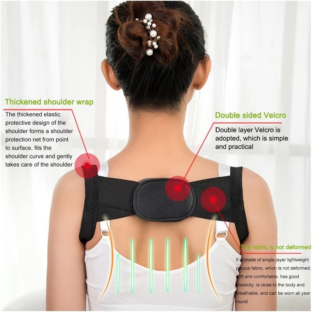 Person wearing a black shoulder support brace with text highlighting features on a white background
