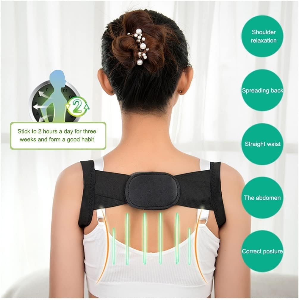 Person wearing a black posture corrector with text on shoulder relaxation and posture correction benefits.