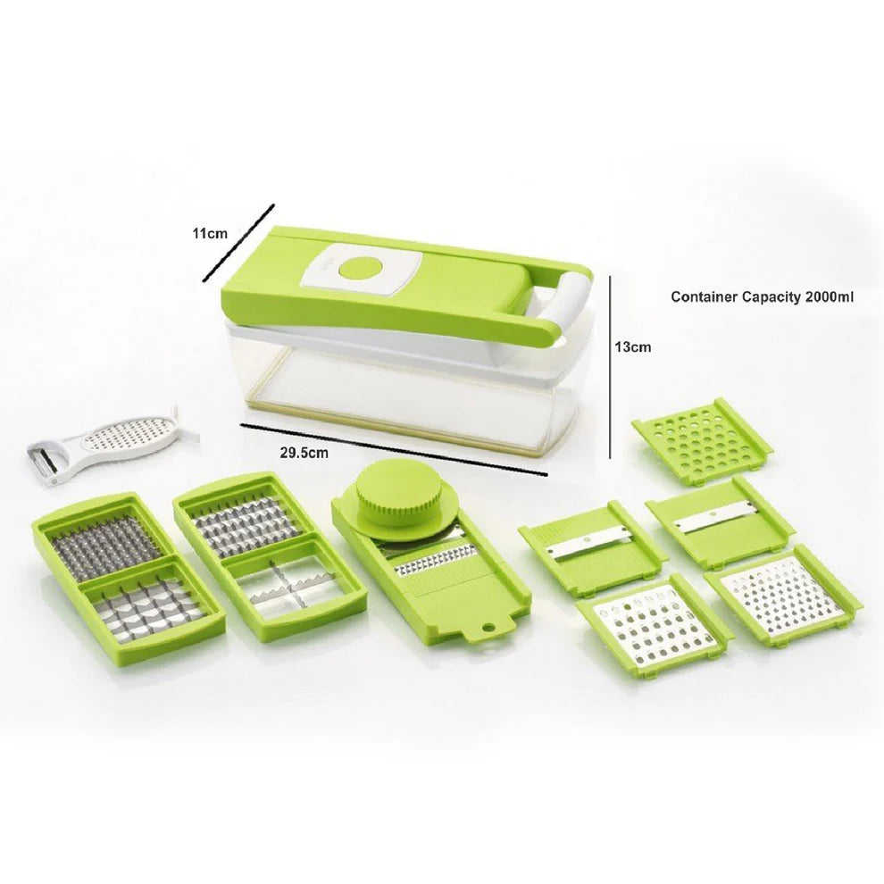 BPA-free vegetable & fruit chopper with stainless steel blades and green kitchen utensil set with various attachments on a white background