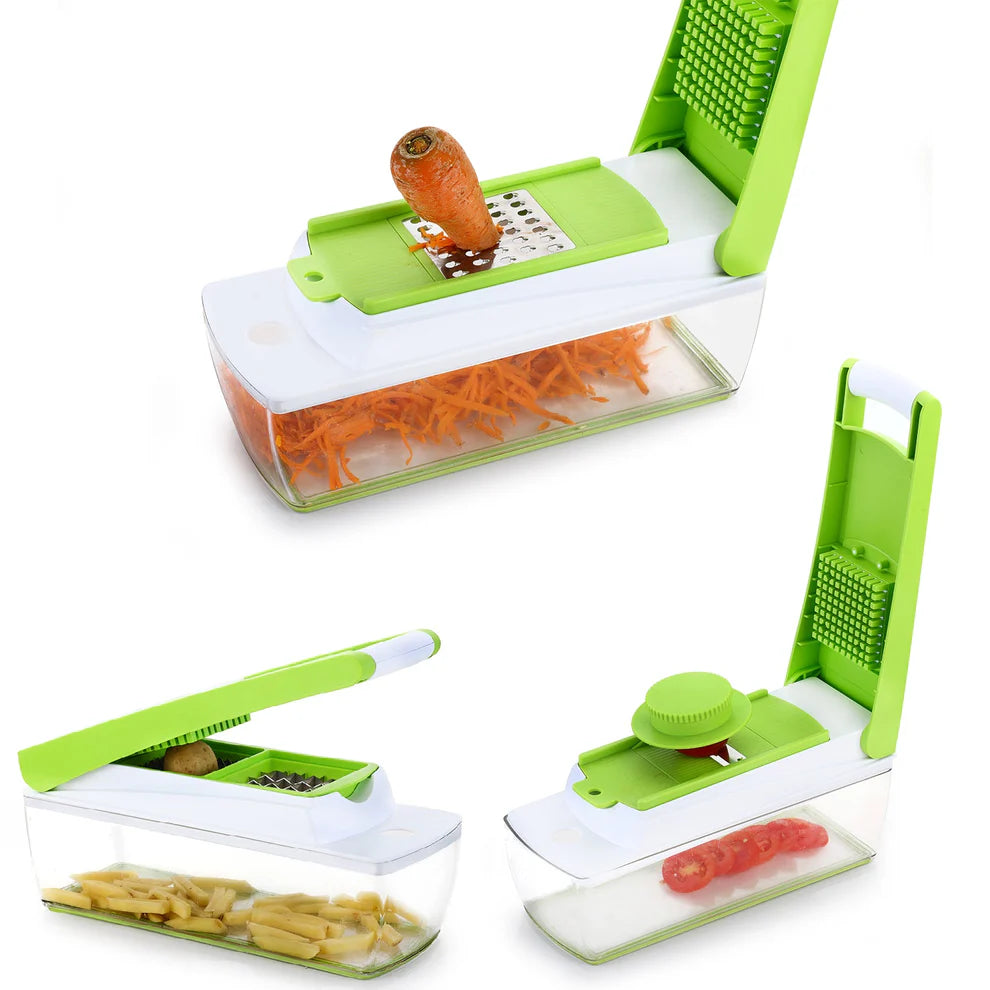 BPA-free vegetable & fruit chopper with stainless steel blades and Green and white vegetable chopper with various attachments on a white background