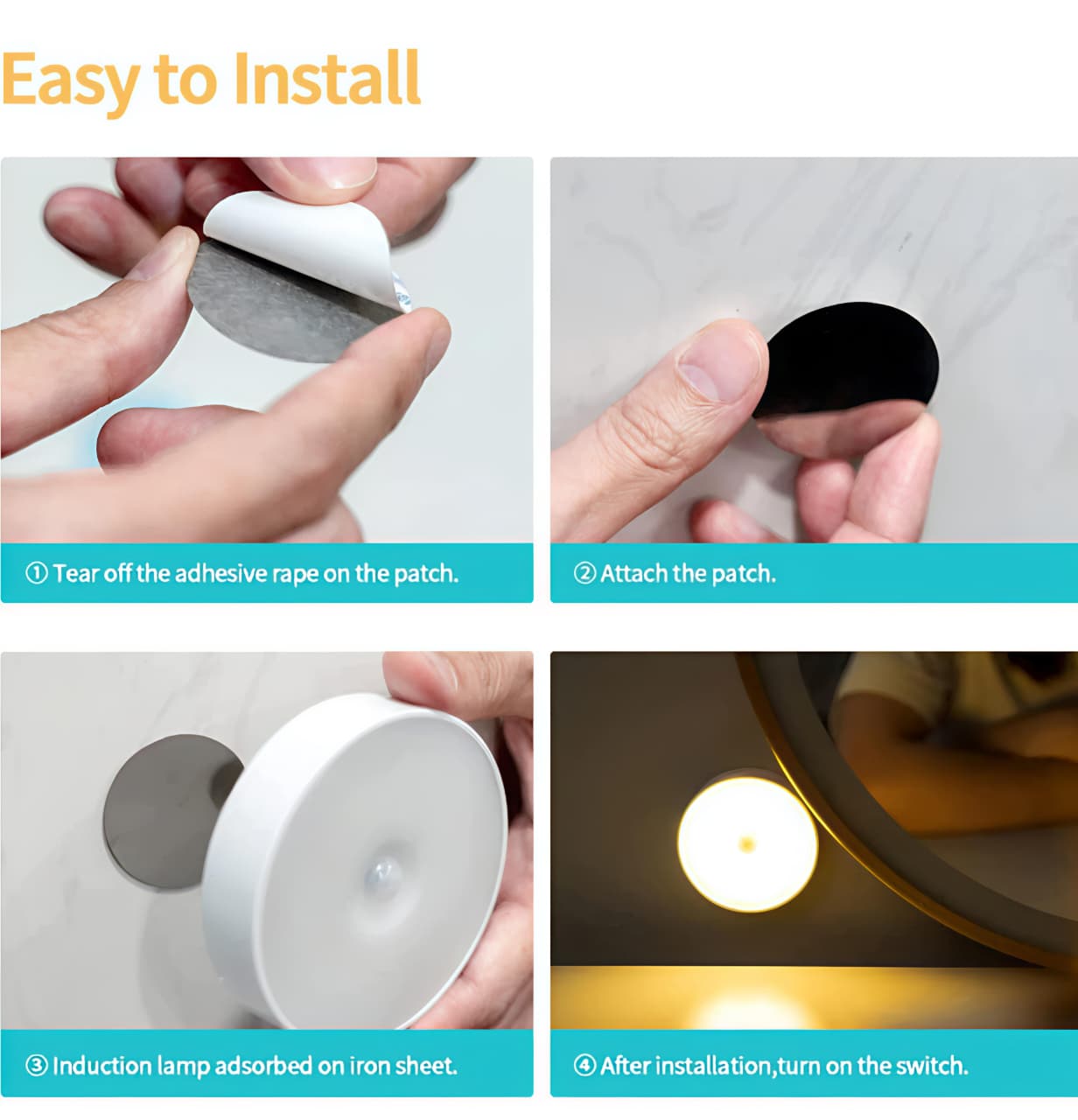 Step-by-step guide on how to install an induction lamp with adhesive tape.