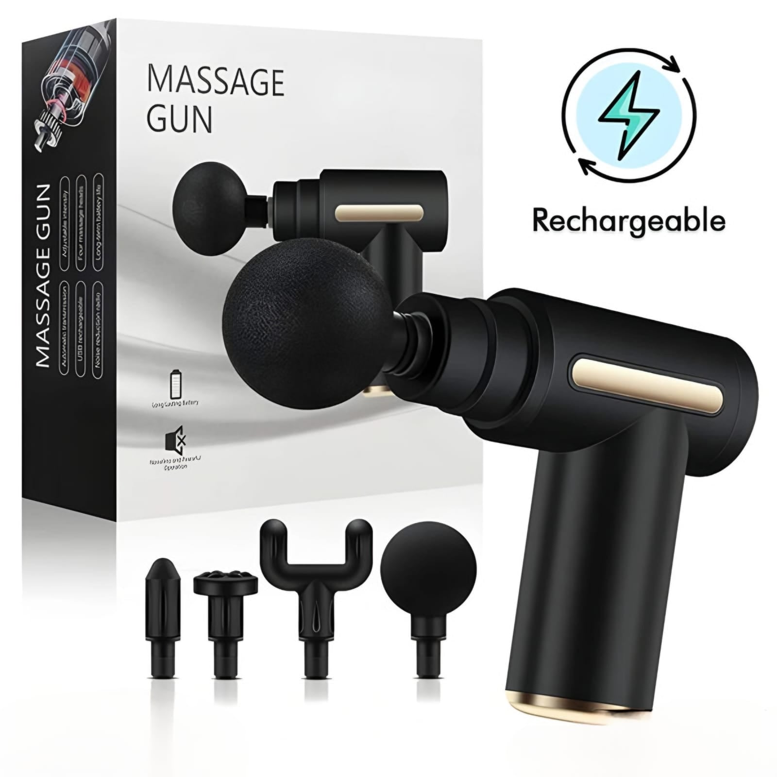 Black massage gun with attachments and packaging on a white background