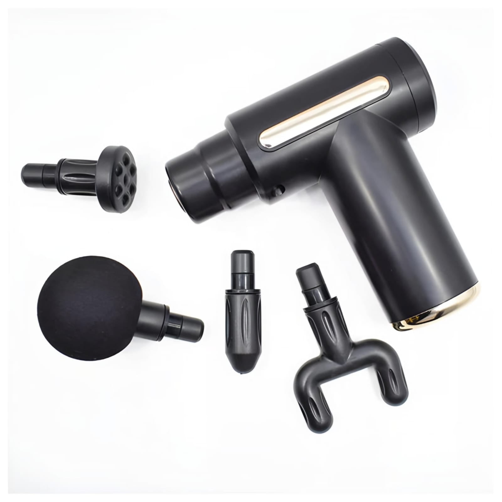 Black massage gun with various attachments on a white background