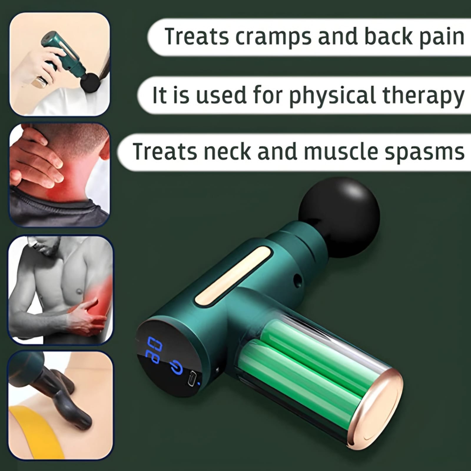 Massage gun with text highlighting its uses for cramps, back pain, physical therapy, neck, and muscle spasms on a dark background.