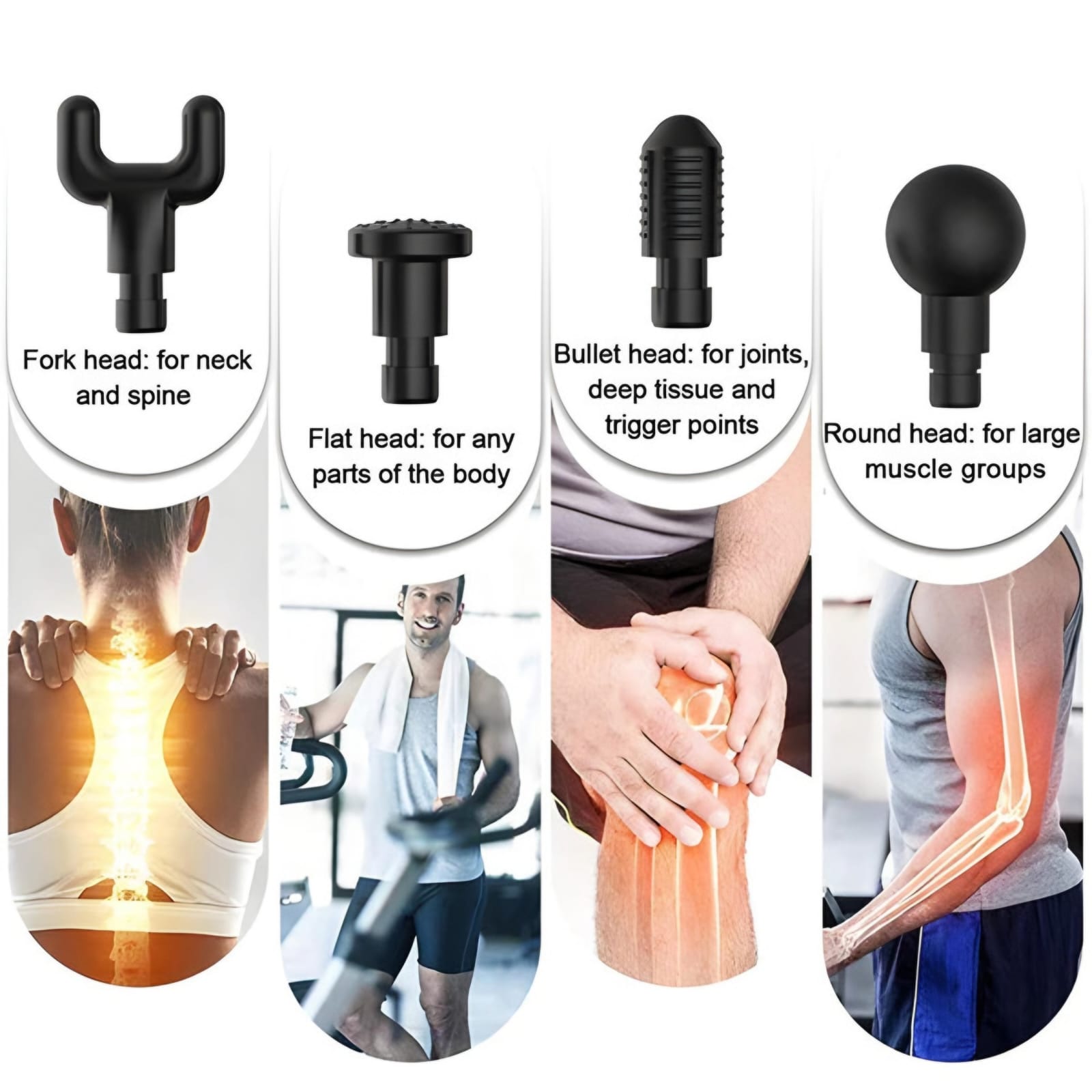 Massage tool with different heads for various body parts on a white background