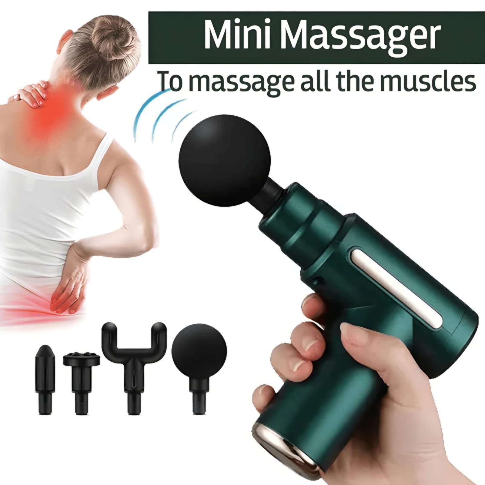 Mini massager with attachments for muscle massage, shown with a person using it on their neck.