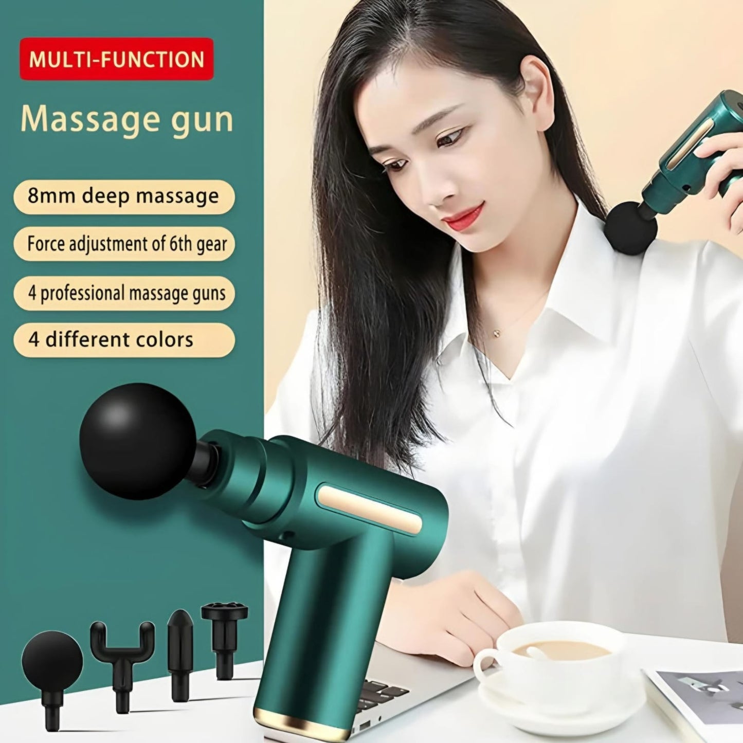 Woman using a green massage gun with product details on a teal background