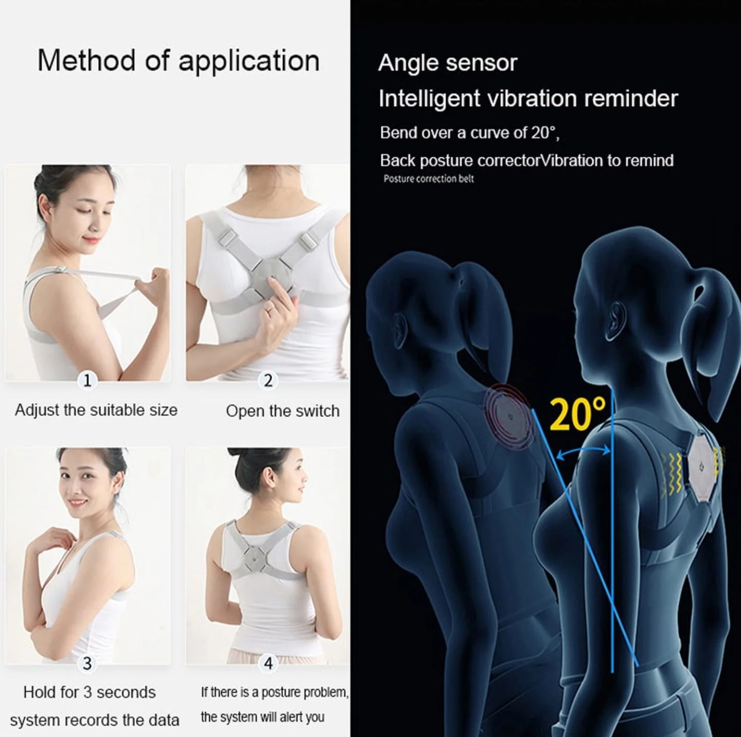 Instructions on how to use a posture correction device with images of a woman adjusting the device and an illustration of its angle sensor.