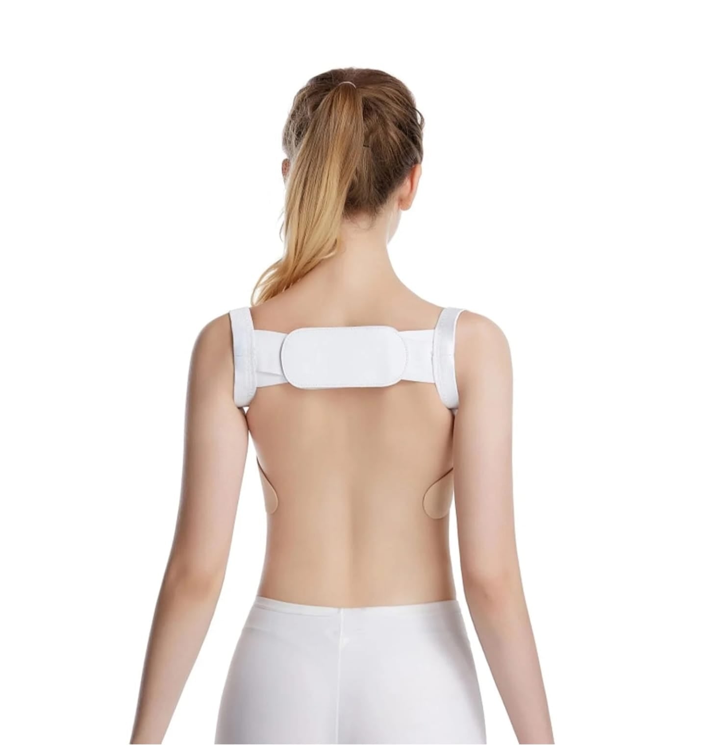 Person wearing a white posture corrector on a white background