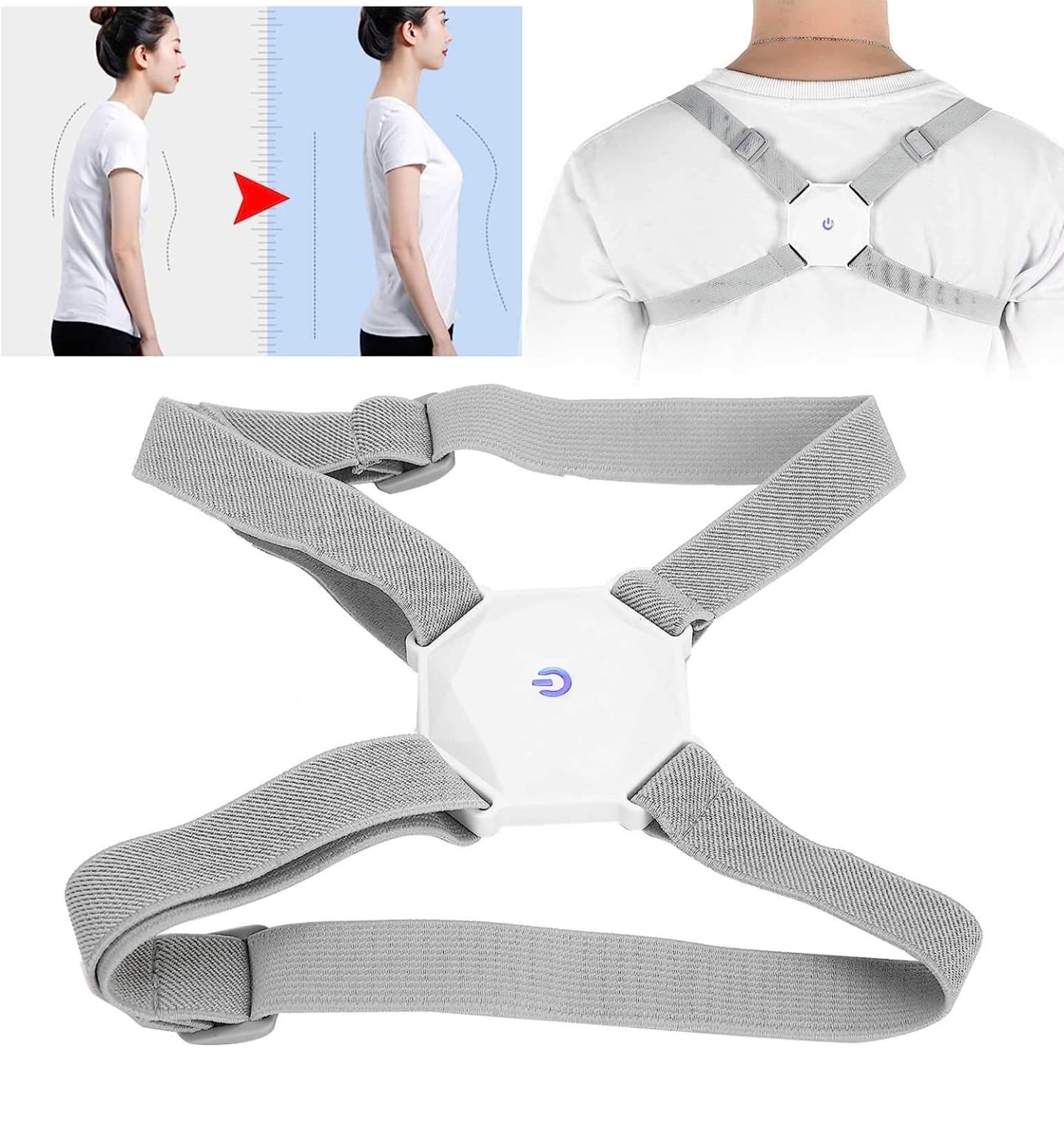 Gray posture corrector with a white device on a white background