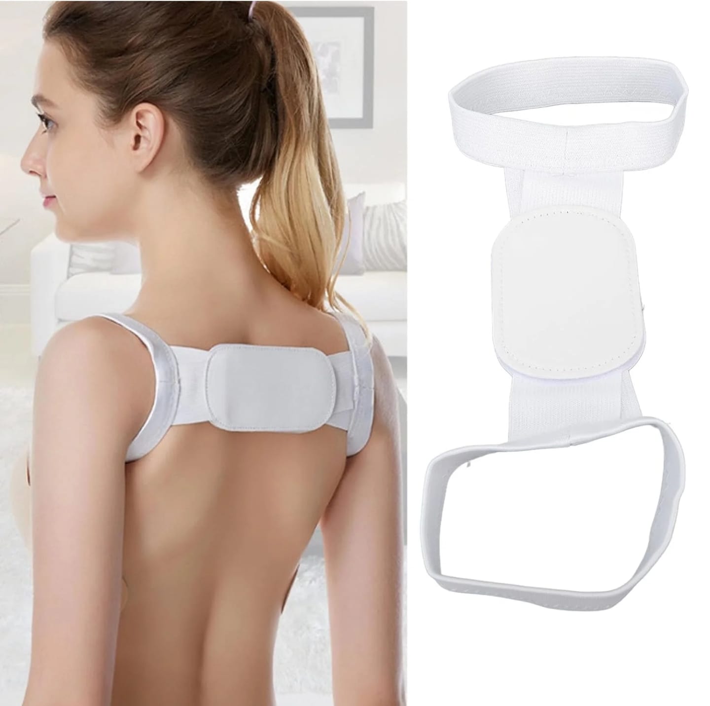 White back 1 Pcs Set Adjustable Back Posture Corrector Brace for Women & Men – Upper Back Support Belt for Shoulder, Neck– Breathable & Comfortable Clavicle Brace for Better Posture & Pain Relief by a woman with a close-up of the brace on a white background