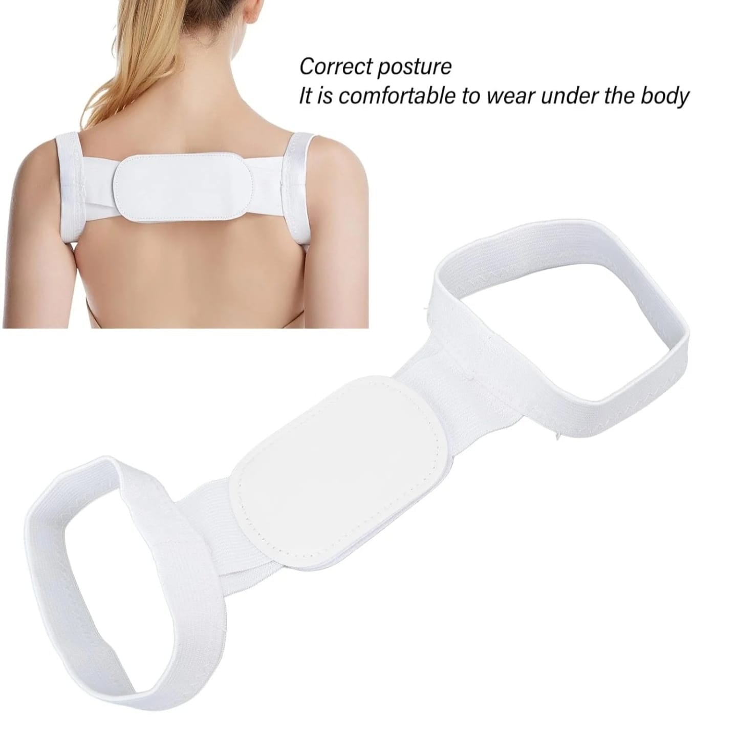 White posture corrector with text on a white background
