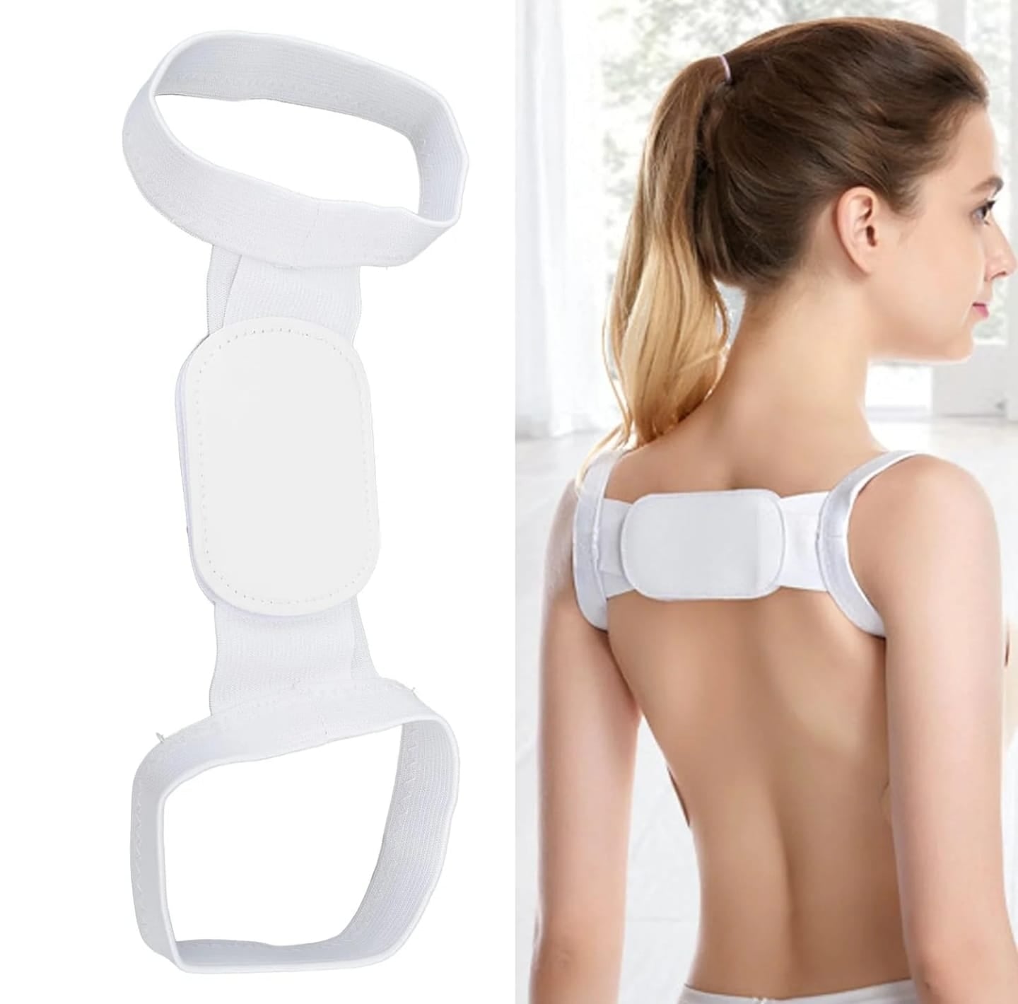 White back 1 Pcs Set Adjustable Back Posture Corrector Brace for Women & Men – Upper Back Support Belt for Shoulder, Neck– Breathable & Comfortable Clavicle Brace for Better Posture & Pain Relief by a person on a white background