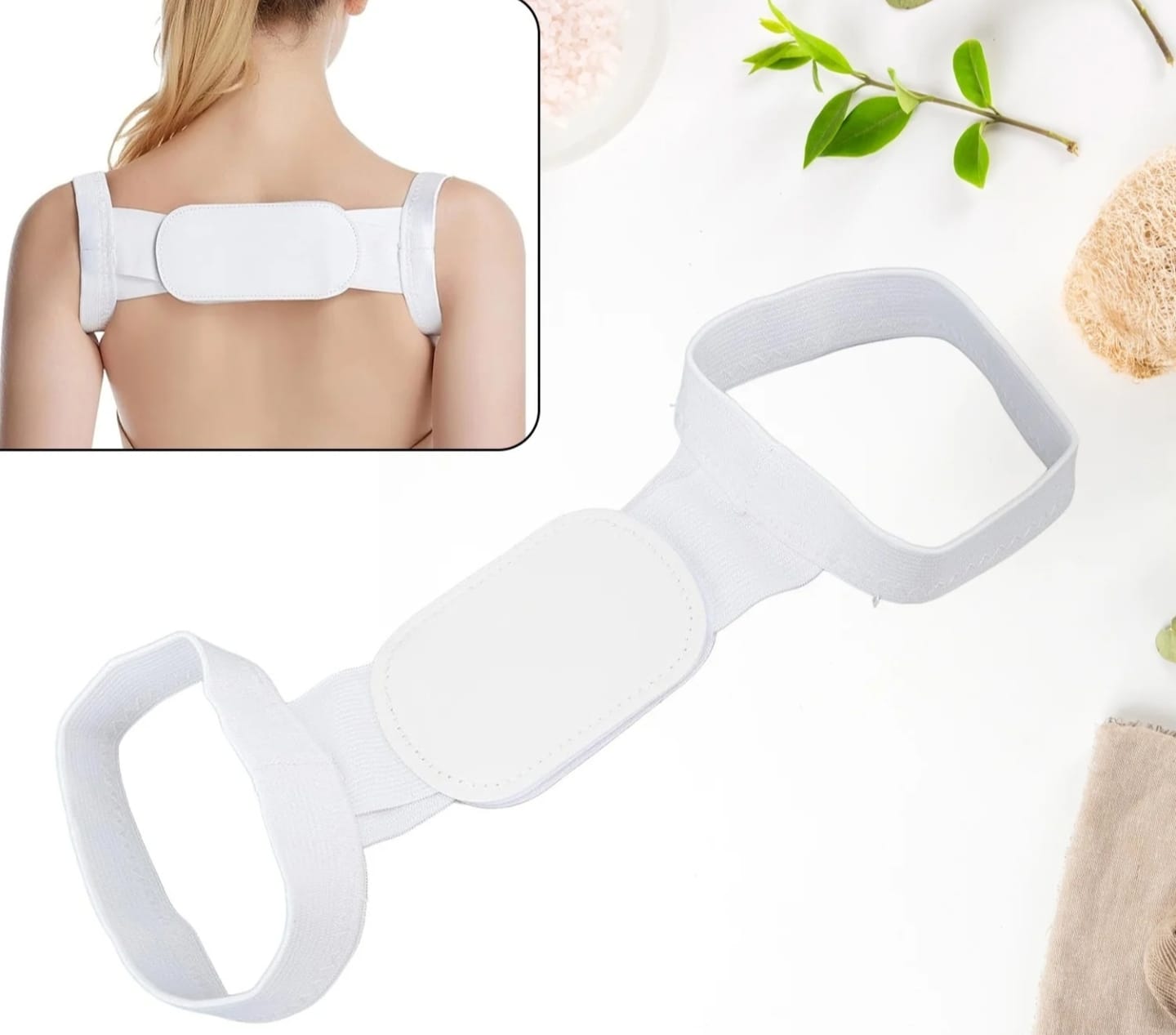White back1 Pcs Set Adjustable Back Posture Corrector Brace for Women & Men – Upper Back Support Belt for Shoulder, Neck– Breathable & Comfortable Clavicle Brace for Better Posture & Pain Relief with a close-up inset of a person wearing it on a white background.