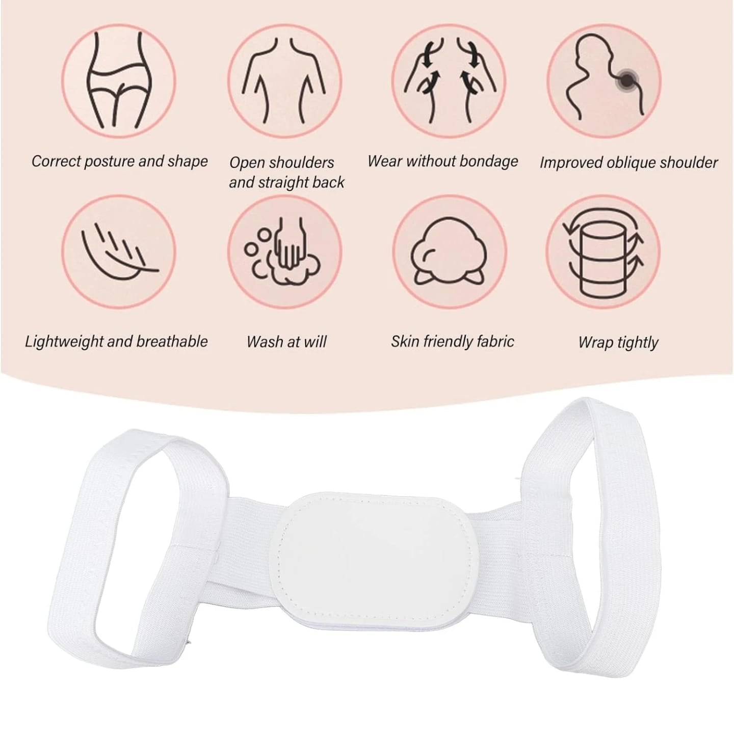 White posture corrector with icons and text on a beige background