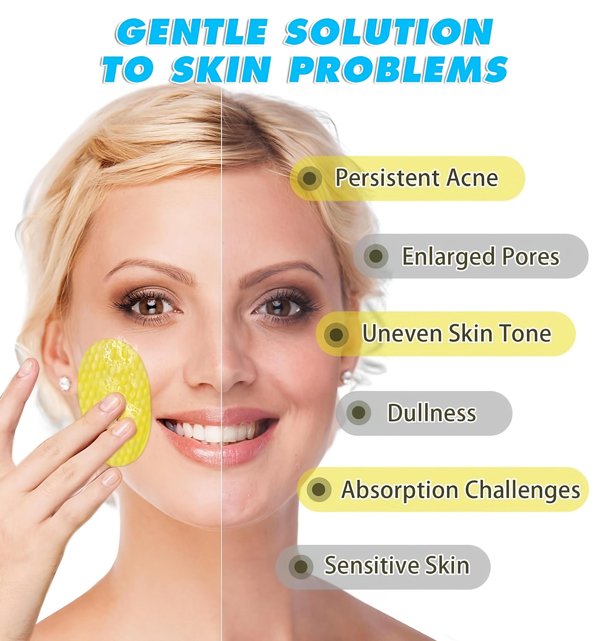 Woman using a yellow sponge on her face with text about skin problems and solutions.