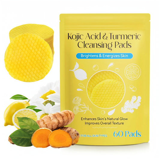 Kojic Acid & Turmeric Cleansing Pads packaging with a yellow cleansing pad and turmeric roots on a white background.