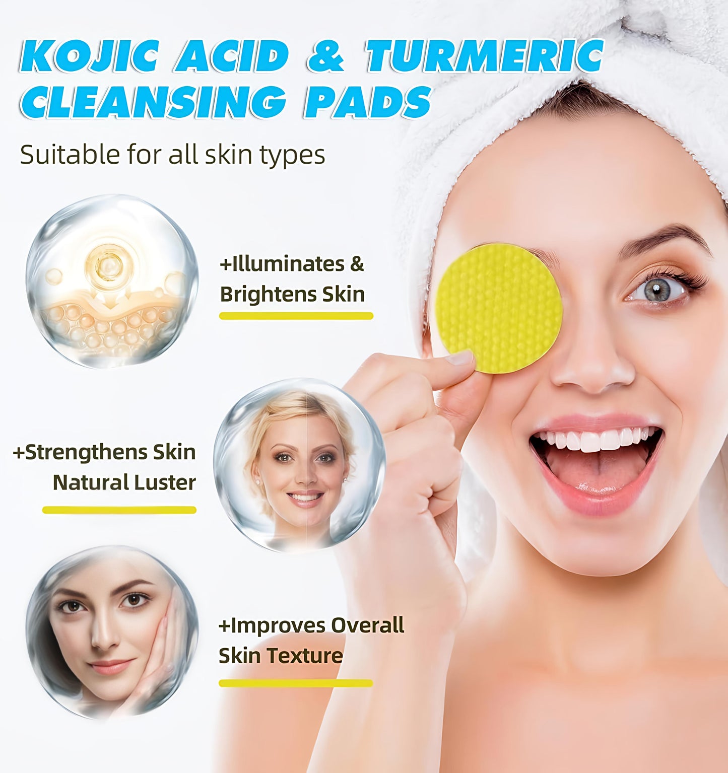 Kojic Acid & Turmeric Cleansing Pads advertisement with a woman using a pad on her face.
