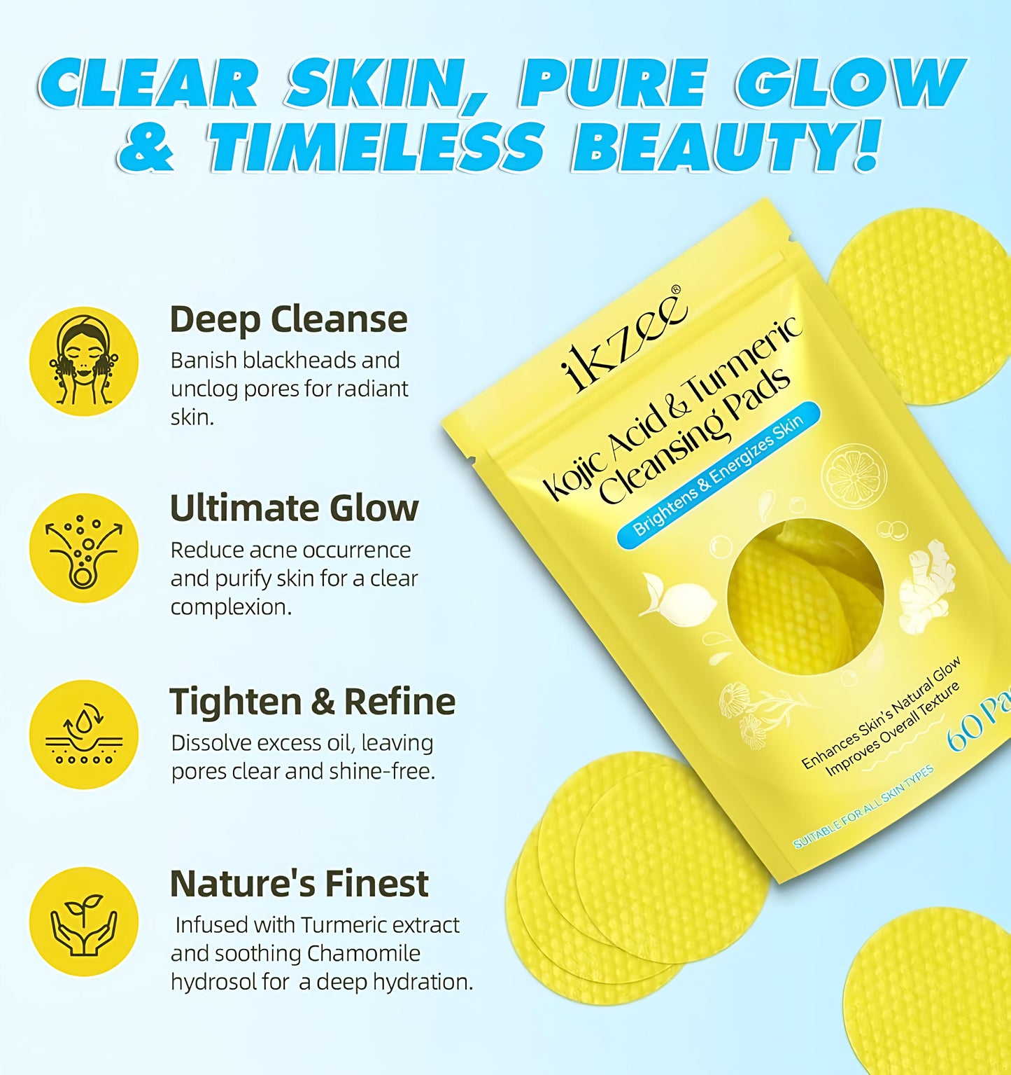 Yellow cleansing pad packaging with text on a blue background