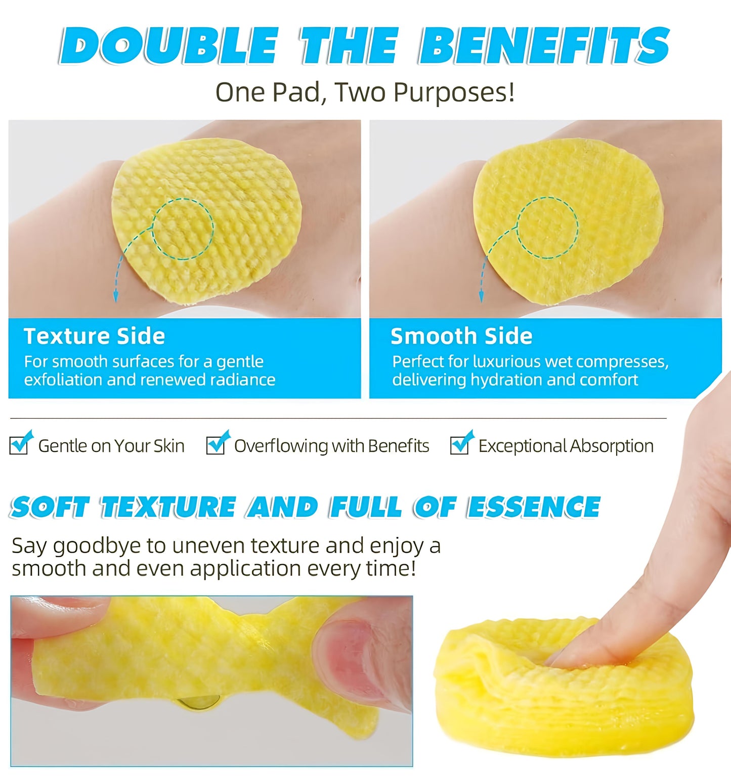 Yellow pad with textured and smooth sides, used for gentle exfoliation and wet compresses.