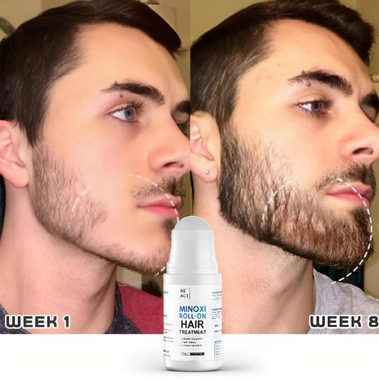 Before and after comparison of a man's beard growth with a hair treatment product displayed.