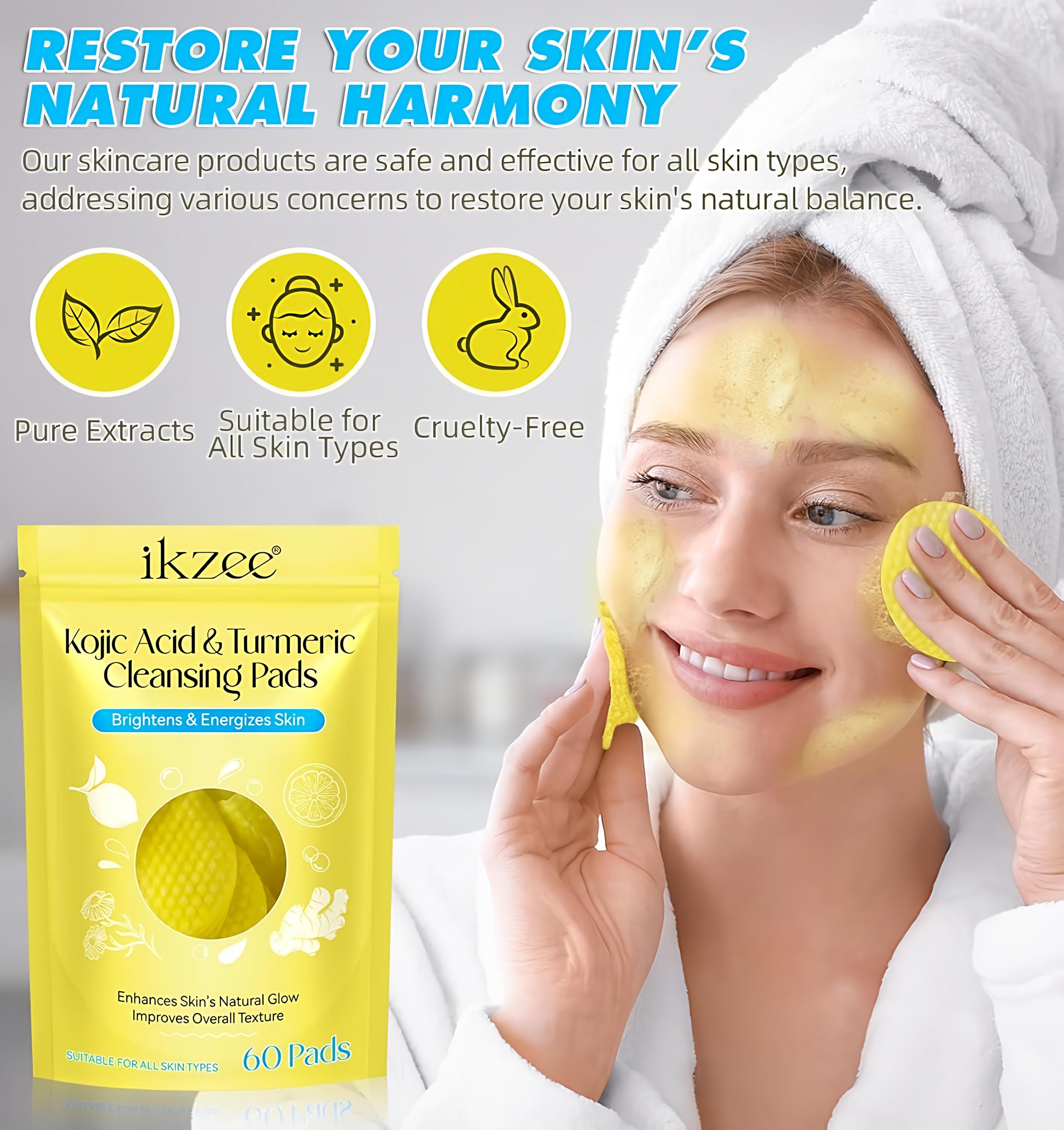 Woman applying cleansing pad with ikzee packaging and text about skincare products