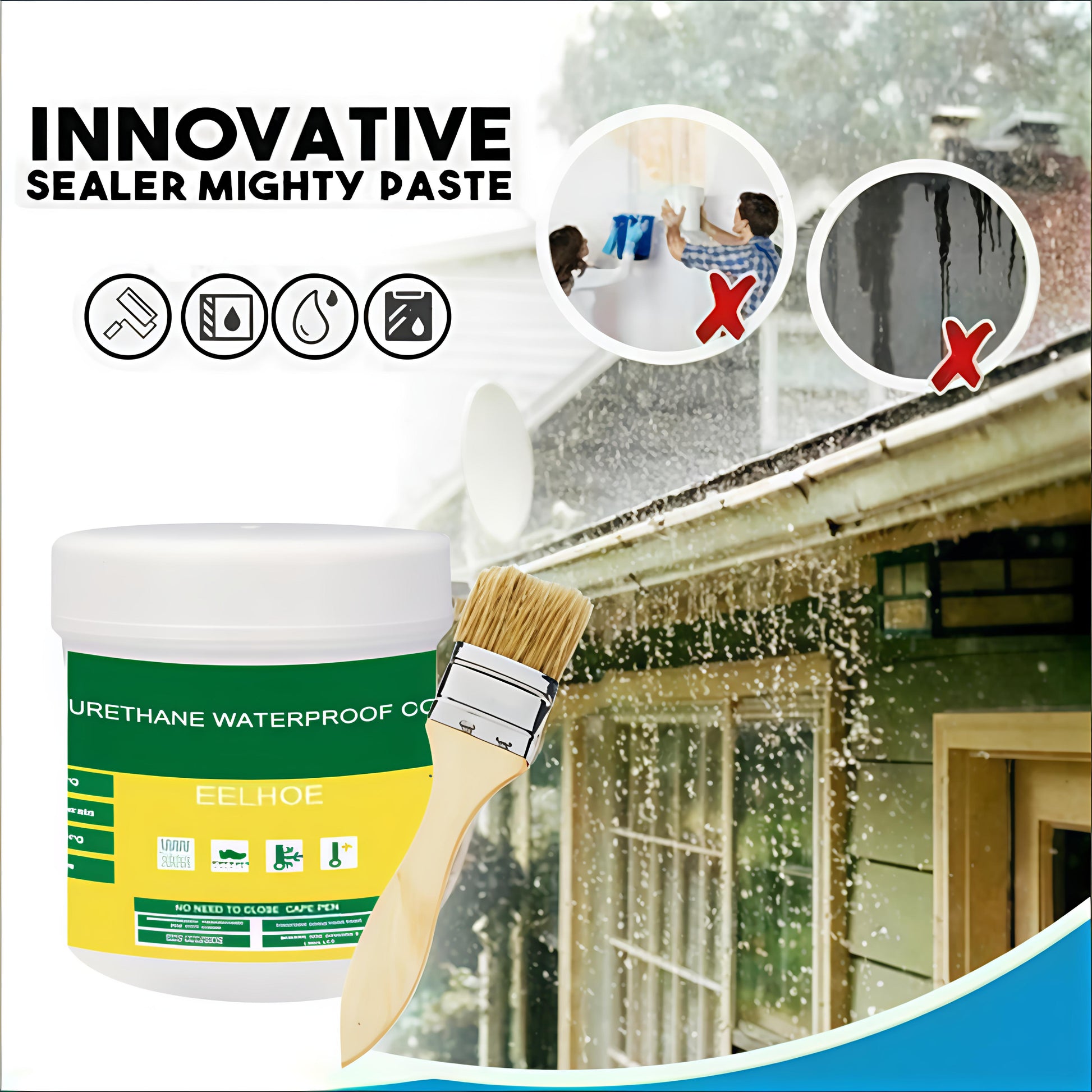 Shanchhavya waterproof coating with a paintbrush and a house roof with water runoff, labeled 'Innovative Sealer Mighty Paste'.
