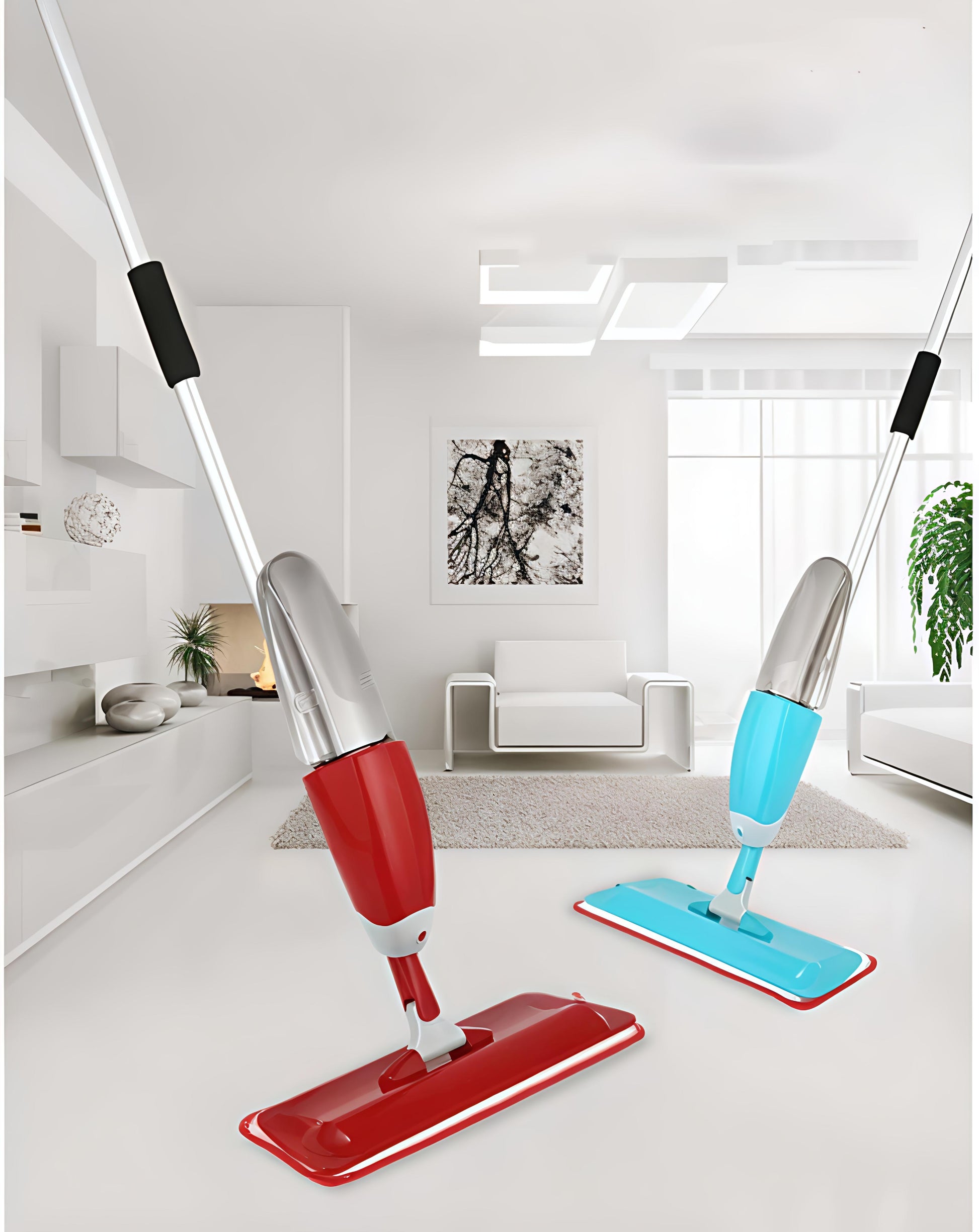 Two spray mops, one red and one blue, on a white floor with a modern living room in the background.