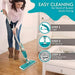 Woman using a spray mop on a wooden floor with cleaning steps displayed.
