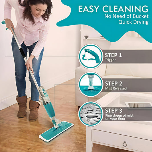 Woman using a spray mop on a wooden floor with cleaning steps displayed.