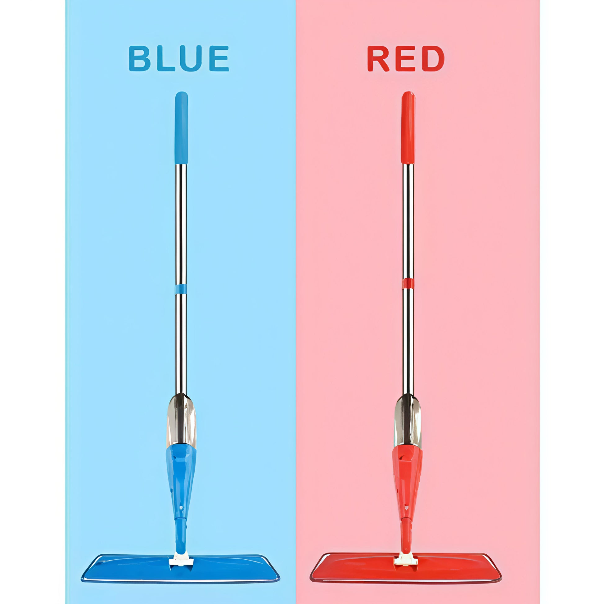 Two mops, one blue and one red, on a split background of blue and pink.