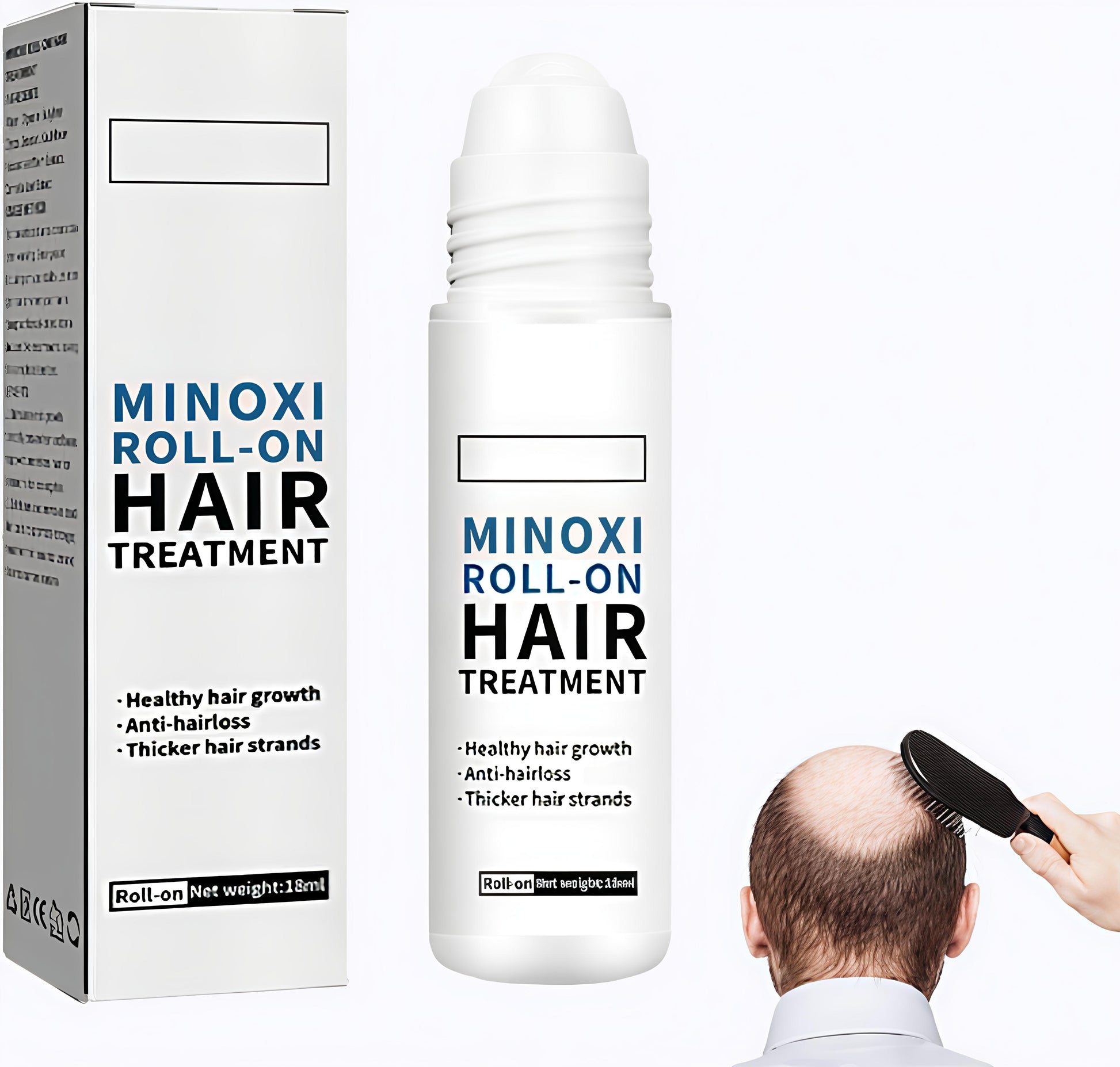 Minoxcidil roll-on hair treatment with packaging and a person using it.