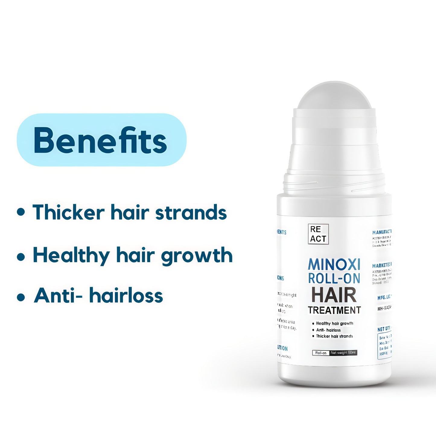 Minoxidil roll-on hair treatment bottle with benefits listed on a white background