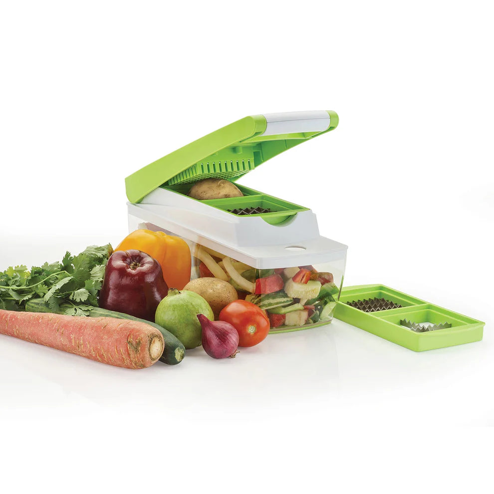Shanchhavya™ 14-in-1 Vegetable Chopper – Food Dicer Pro Multipurpose Cutter and Vegetable chopper with sliced vegetables on a white background