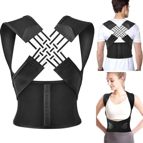 Black posture corrector with people wearing it on a white background
