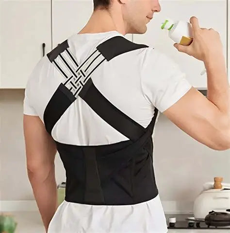 Person wearing a black posture corrector in a kitchen setting