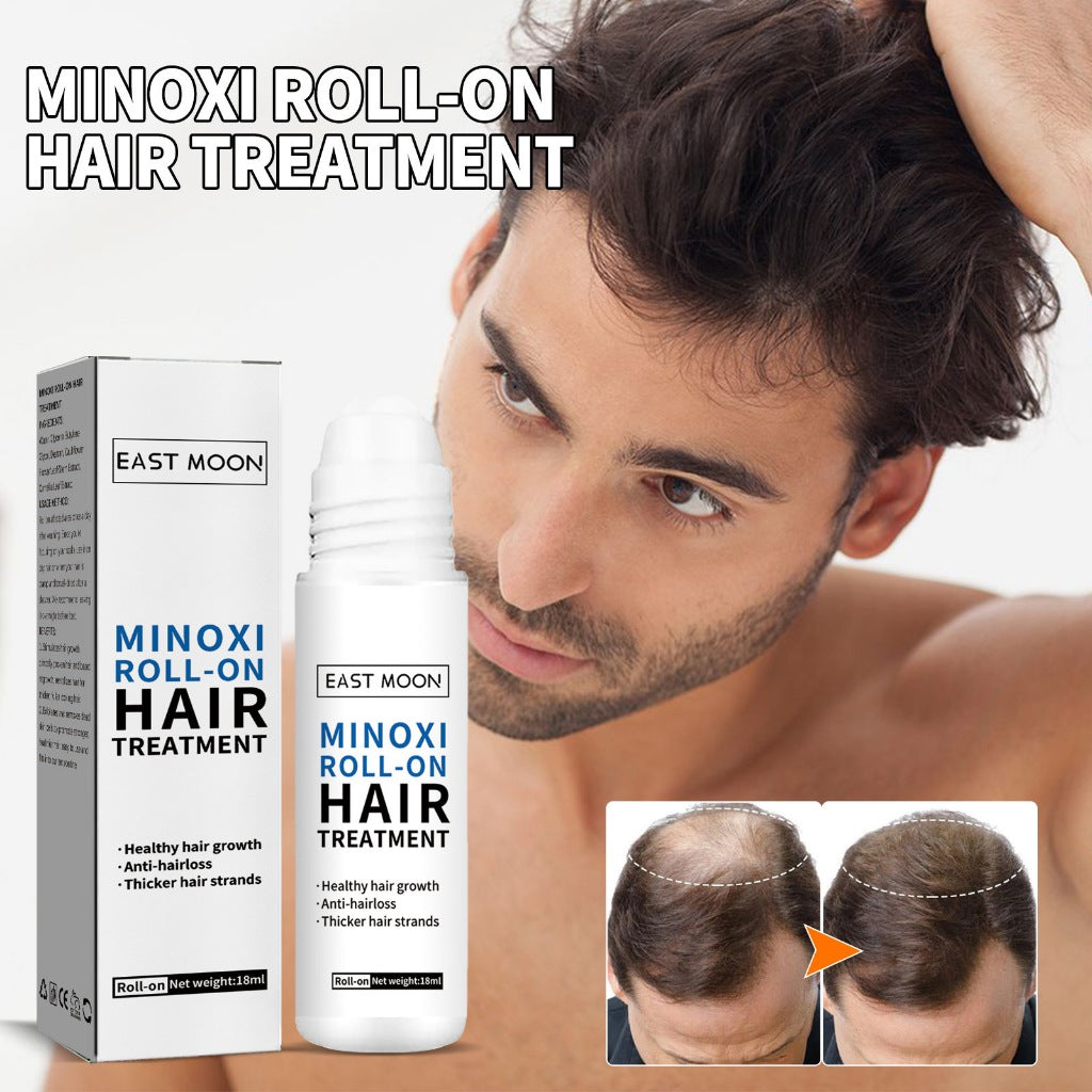 Minoxidil roll-on hair treatment with packaging and before-and-after comparison on a man's head.