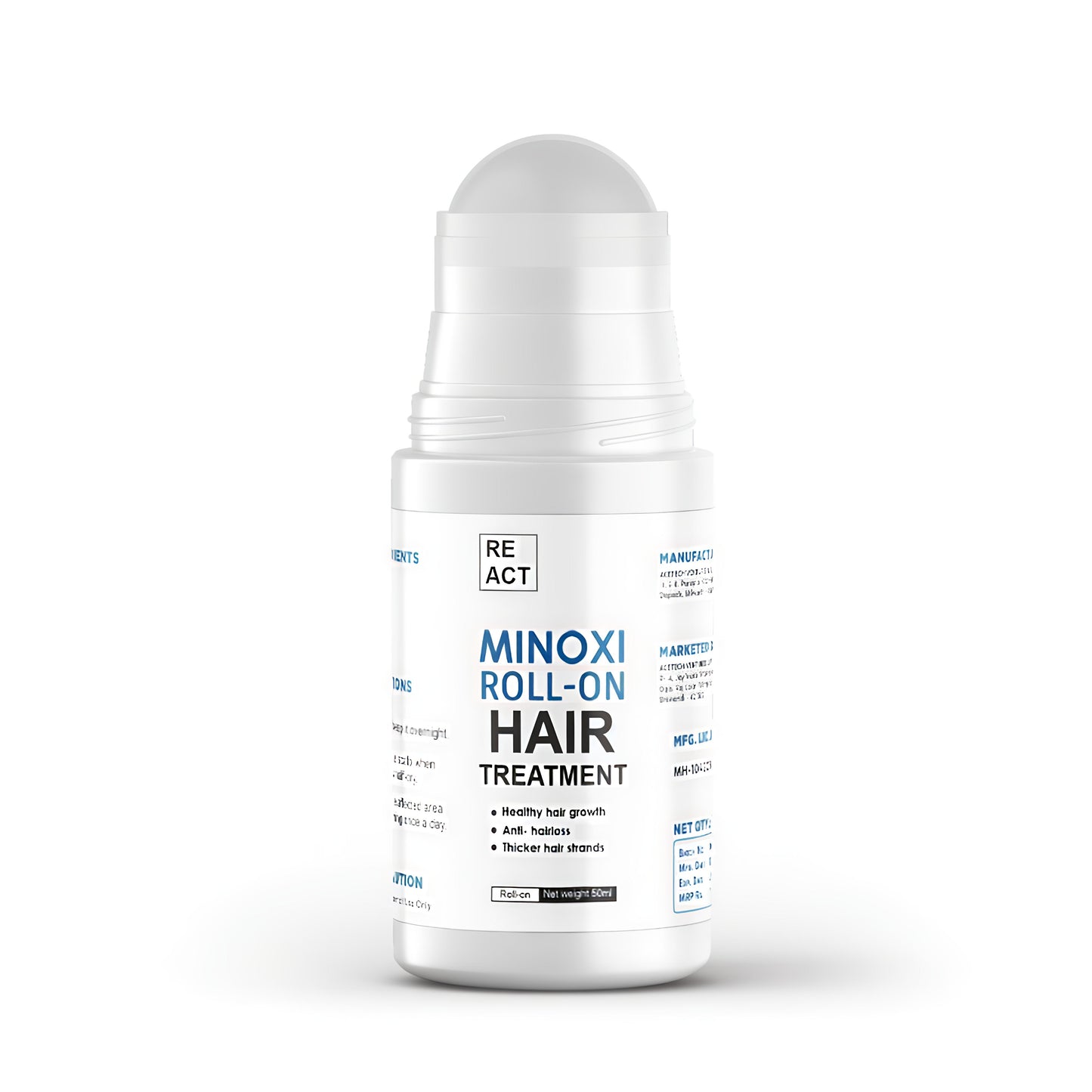Minoxi roll-on hair treatment bottle on a white background
