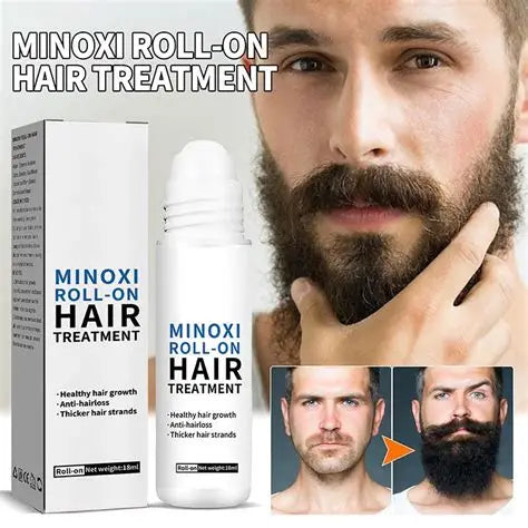 Minoxci roll-on hair treatment with packaging and before-and-after images of a man with a beard.