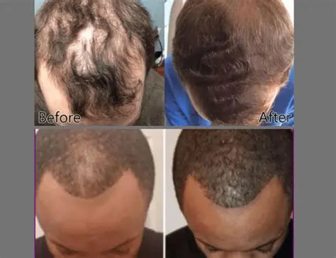 Before and after comparison of hair growth on a person's head.