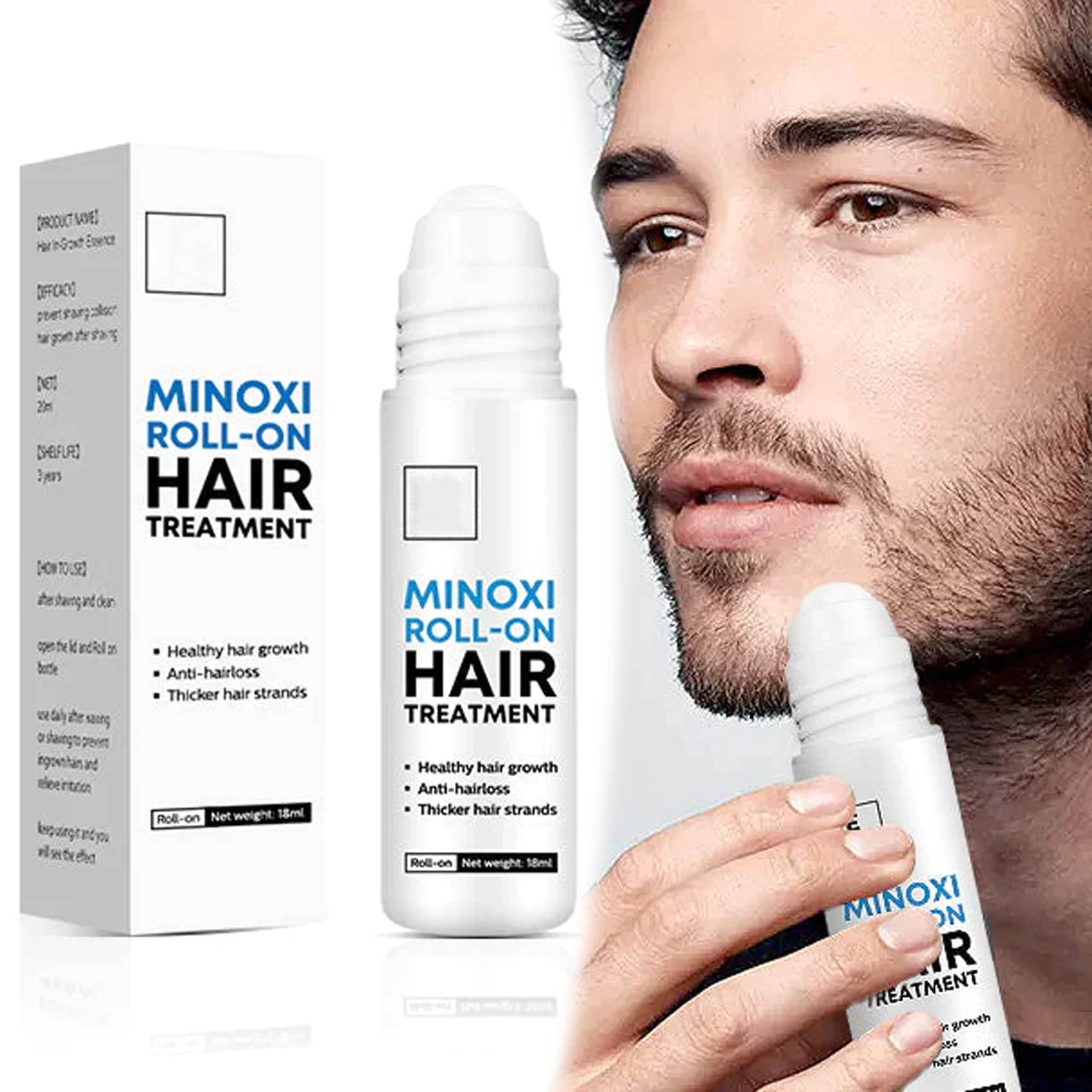 Minoxci roll-on hair treatment with packaging and a man applying it.