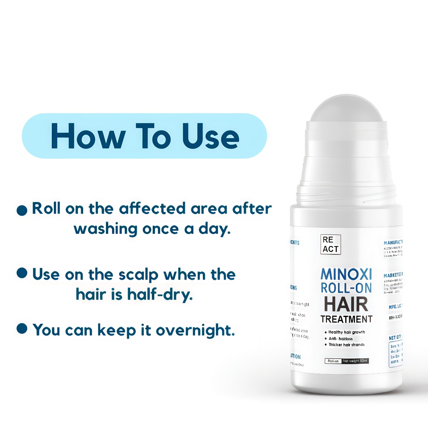 Minoxidil roll-on hair treatment bottle with usage instructions on a white background