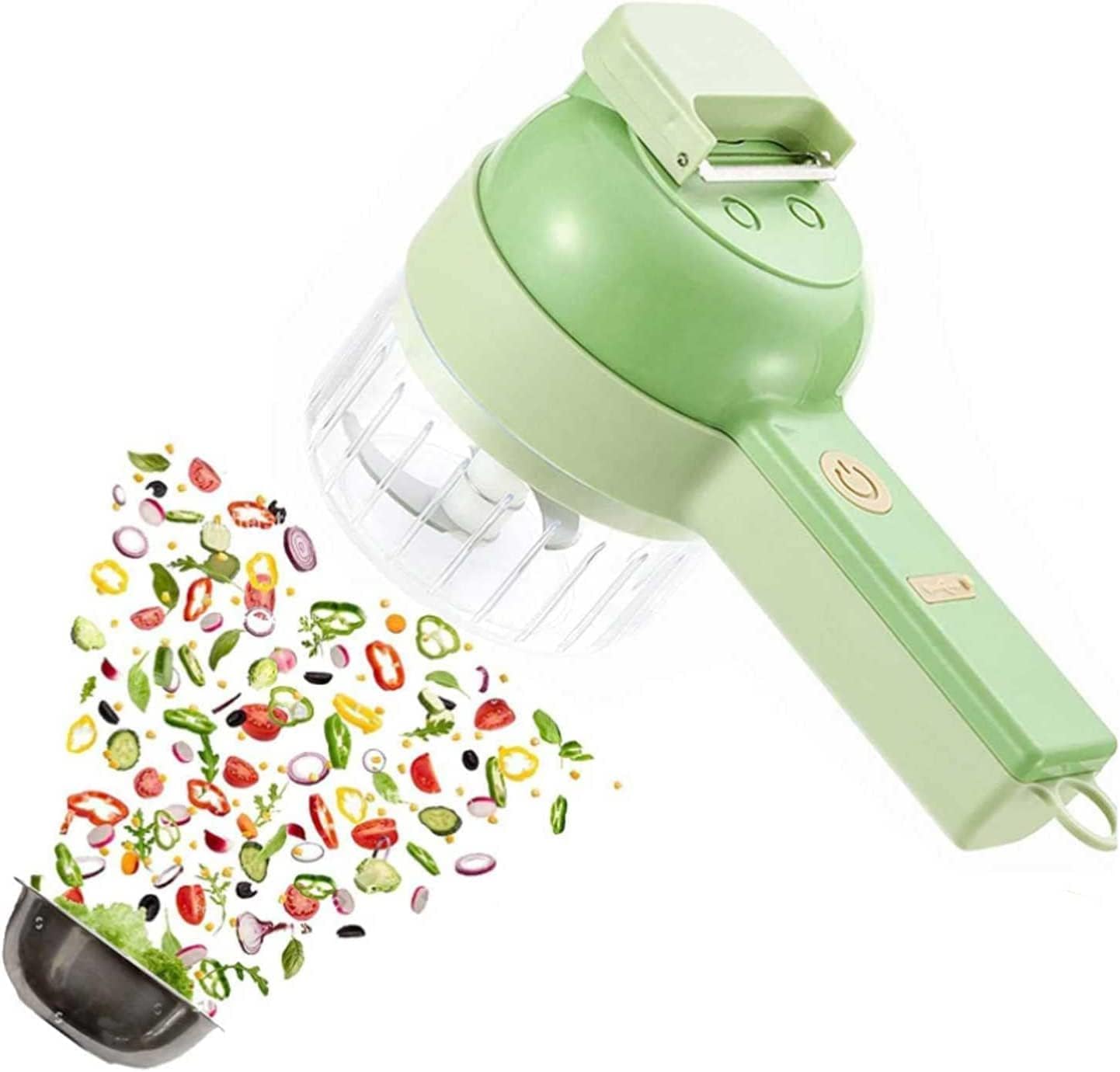 Green handheld vegetable chopper with chopped vegetables on a white background