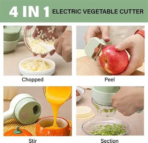 4-in-1 electric vegetable cutter with various uses including chopping, peeling, stirring, and sectioning.
