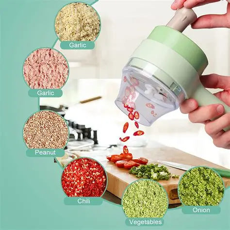 Handheld food chopper with various chopped ingredients on a kitchen counter