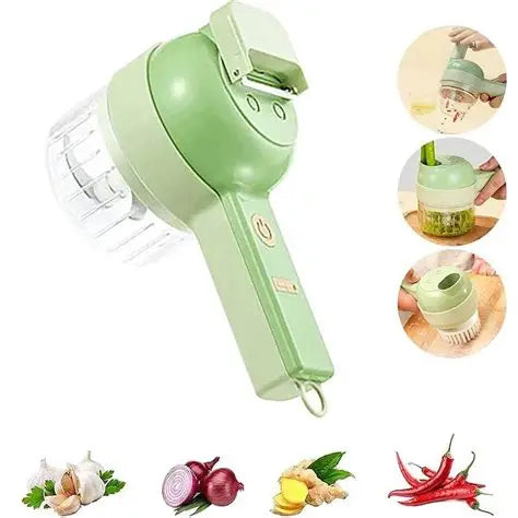 Green handheld vegetable chopper with images of vegetables on a white background